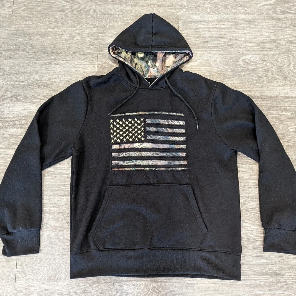 NWT - Mossy Oak Performance Fleece Men's Hoodie Black Camo USA Flag Size Medium